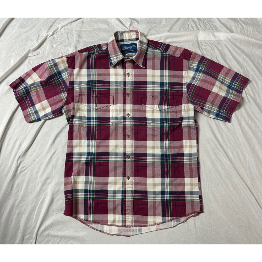 Wrangler Vintage 90's Western Shirt Mens Med Burgundy Plaid Short Sleeve Cotton